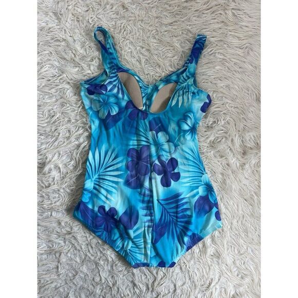 Maxine Womens Vintage Blue Tropical Floral Shirred Front One Piece Swimsuit 16 - Picture 2 of 14